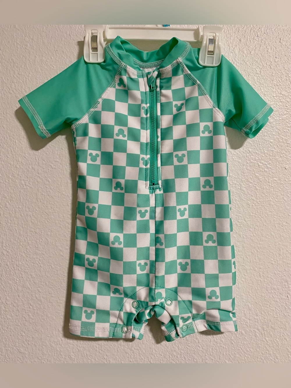 Disney Baby Aqua Checkered Mickey Mouse Swimsuit Romper sz 12mo. NWOT